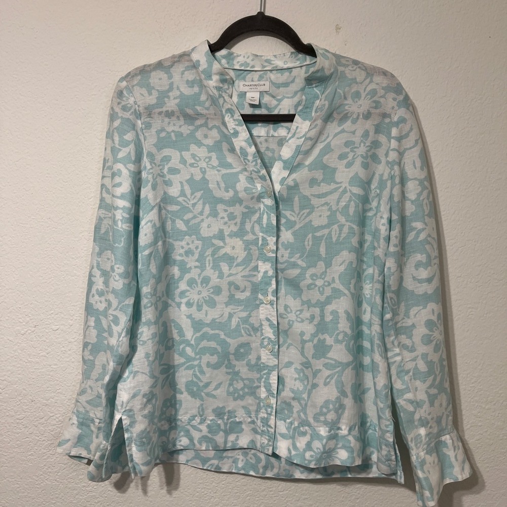 Charter Club Linen Floral Button Front Blouse Aqua White Petite 10P Boho Chic LS